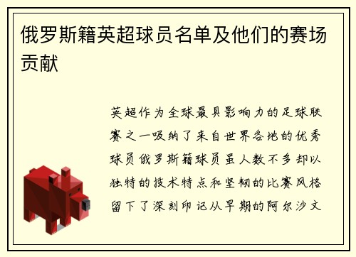 俄罗斯籍英超球员名单及他们的赛场贡献