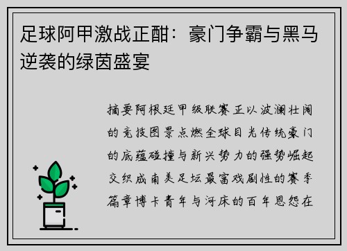 足球阿甲激战正酣：豪门争霸与黑马逆袭的绿茵盛宴