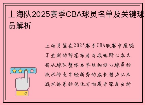 上海队2025赛季CBA球员名单及关键球员解析
