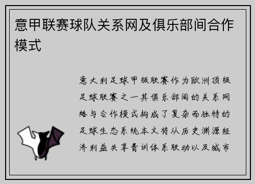 意甲联赛球队关系网及俱乐部间合作模式
