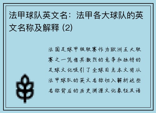 法甲球队英文名：法甲各大球队的英文名称及解释 (2)